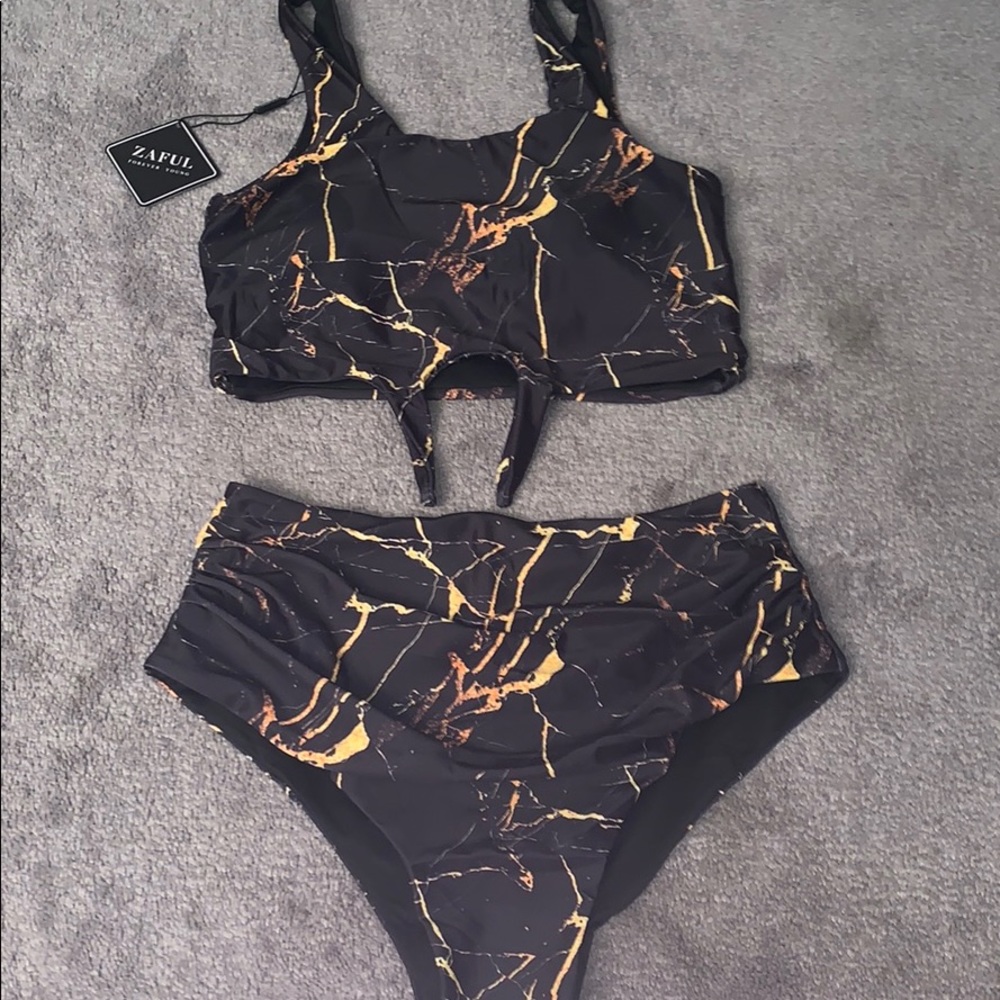 Black and orange marble high-waisted bikini